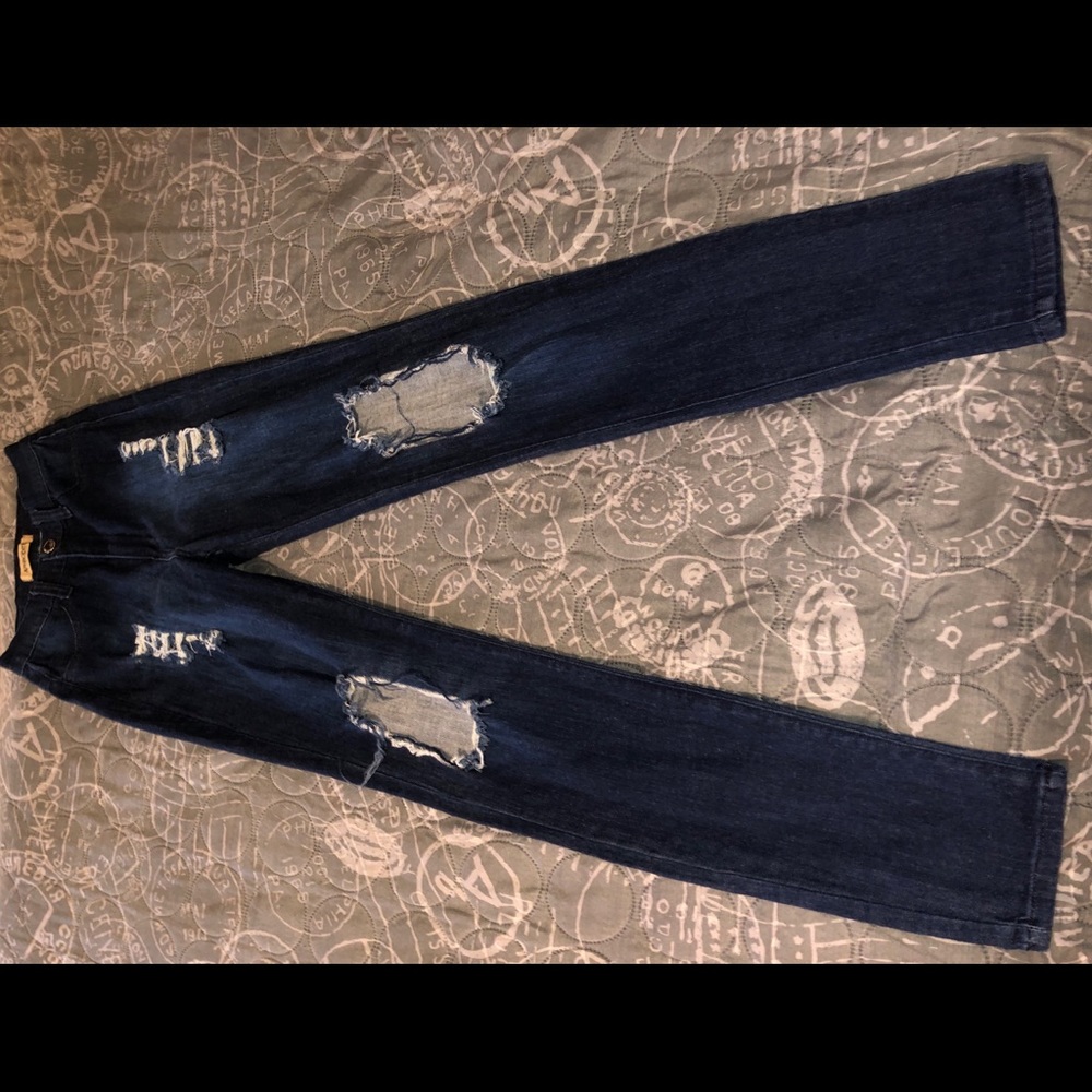 Distressed dark blue high waisted jeans